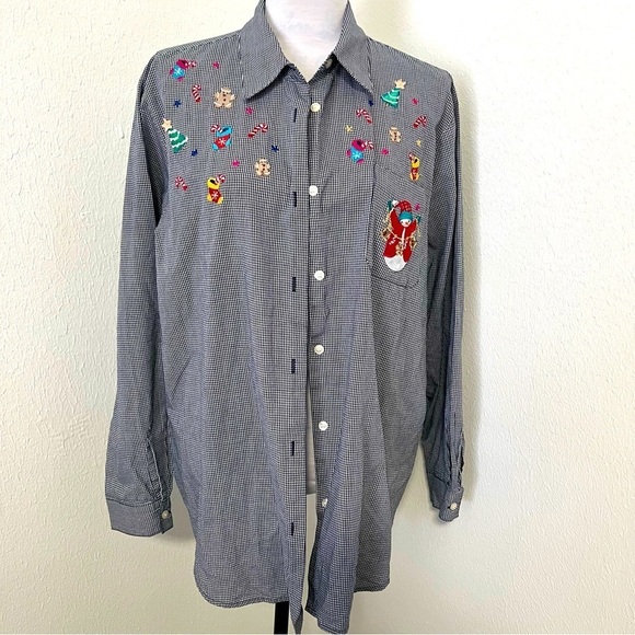 Karen Scott Vintage Embroidered XL Plaid Long Sleeve Holiday/Christmas Blouse - Picture 1 of 9